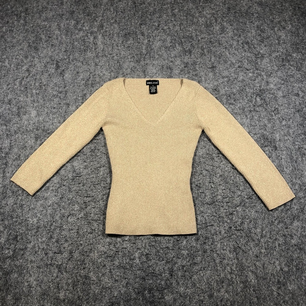 Wet Seal Sweater Teens M Gold Glitter Ribbed V Neck 3/4 Sleeve Knit Pullover